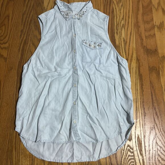 Abercrombie & Fitch Womens Sleeveless Bedazzle Shirt Sz L Button-Up Chambray - Picture 1 of 7